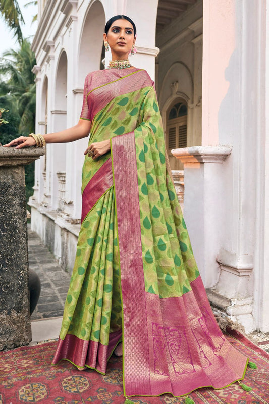 Bright Green Organza Woven Saree with Blouse Piece Elegant