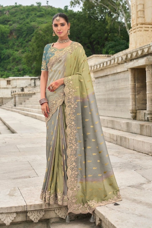 Grey Green Viscose Silk Saree with Cut Work Elegant Party Wear Look