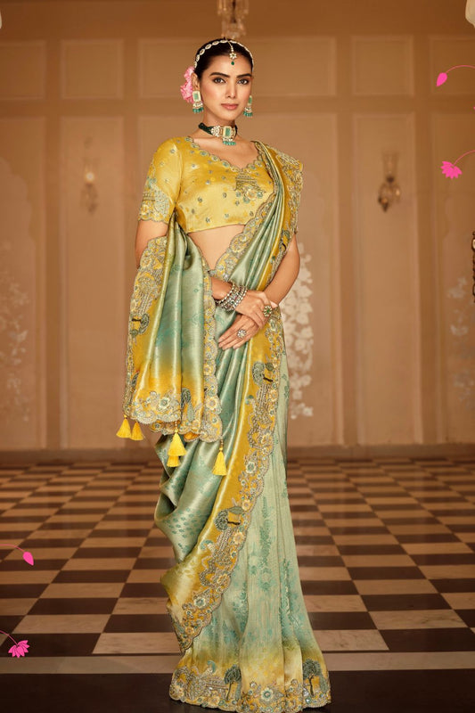 Sage Green Mustard Yellow Silk Blend Saree with Tassel Pallu Elegant