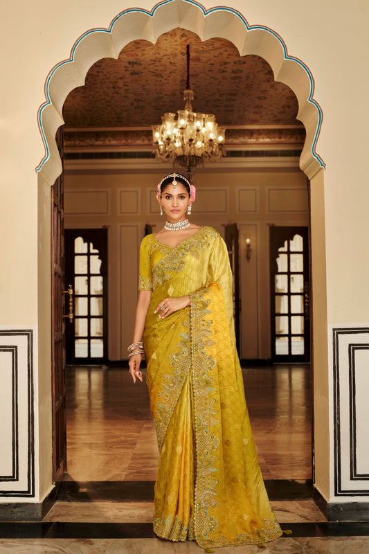 Mustard Yellow Pastel Green Tissue Satin Saree with Embroidery Handwork