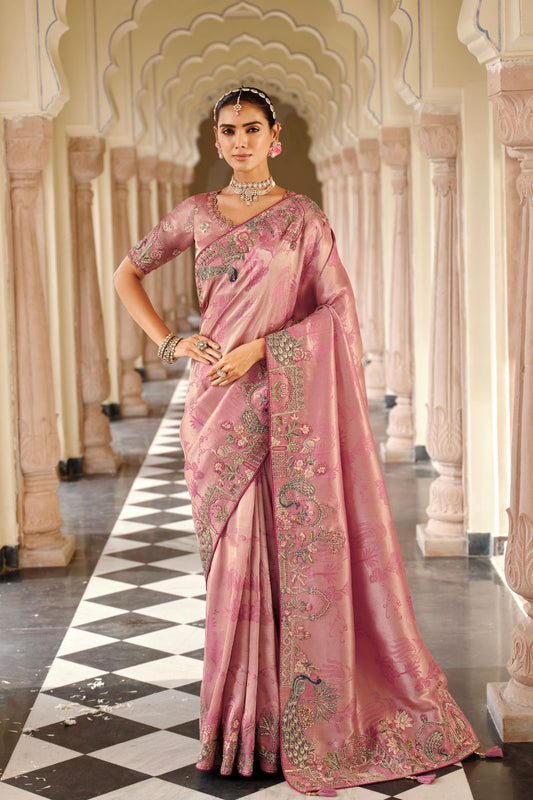Dusty Rose Pink Silk Blend Designer Saree with Peacock Motif Embroidery