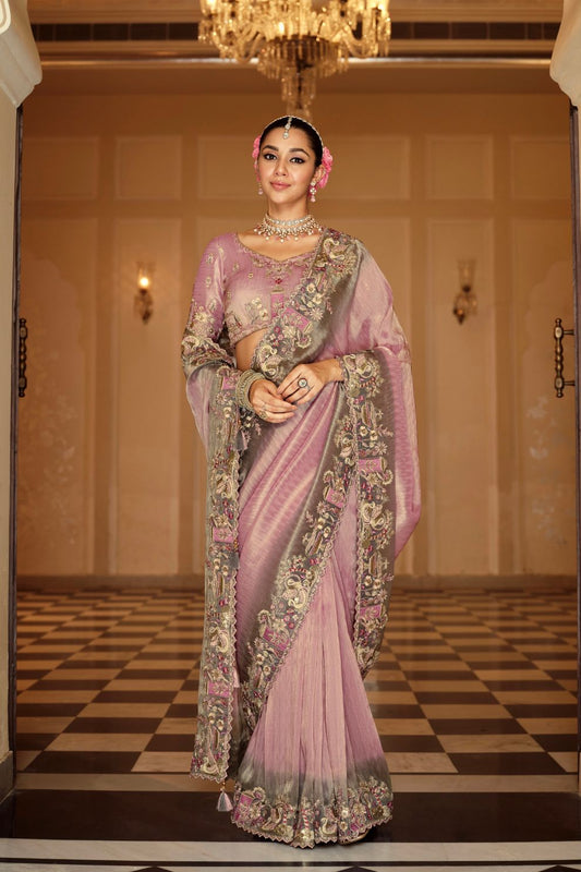 Dusty Rose Pink Sage Green Shaded Silk Saree Elegant Festive Party Wear