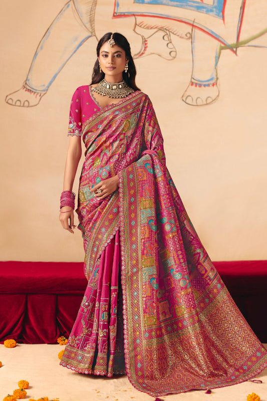 Rani Pink Dola Silk Saree with Zari Embroidery Madhubani Motifs Elegant