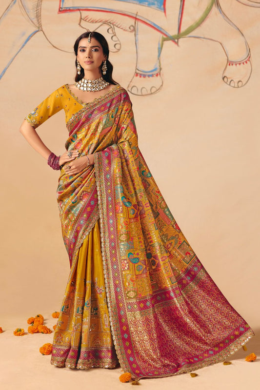 Mustard Yellow Dola Silk Saree with Zari Embroidery Madhubani Prints