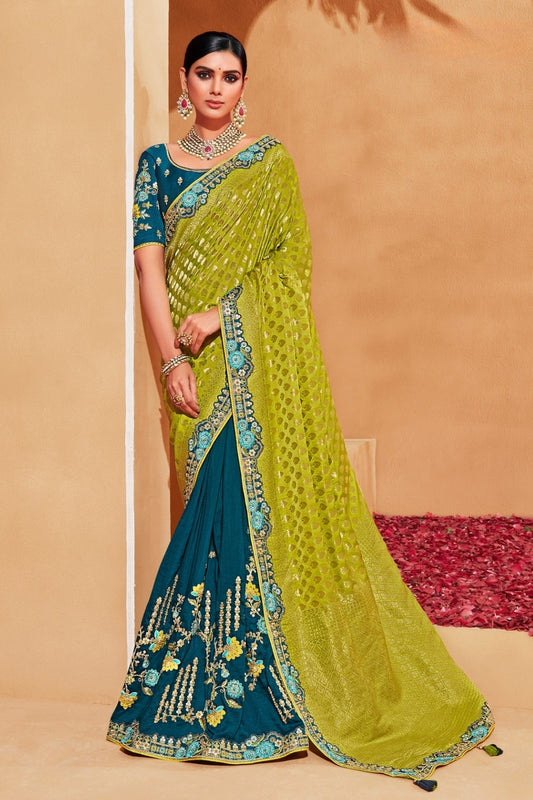 Olive Teal Silk Half N Half Saree Elegant Designer Party Wear