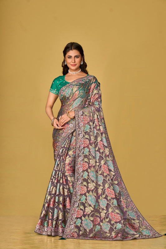 Light Green Floral Organza Brasso Saree with Olive Green Embroidered Blouse