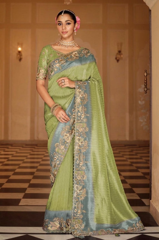 Light Green Soft Silk Saree Elegant Festive Wedding Party Wear Look