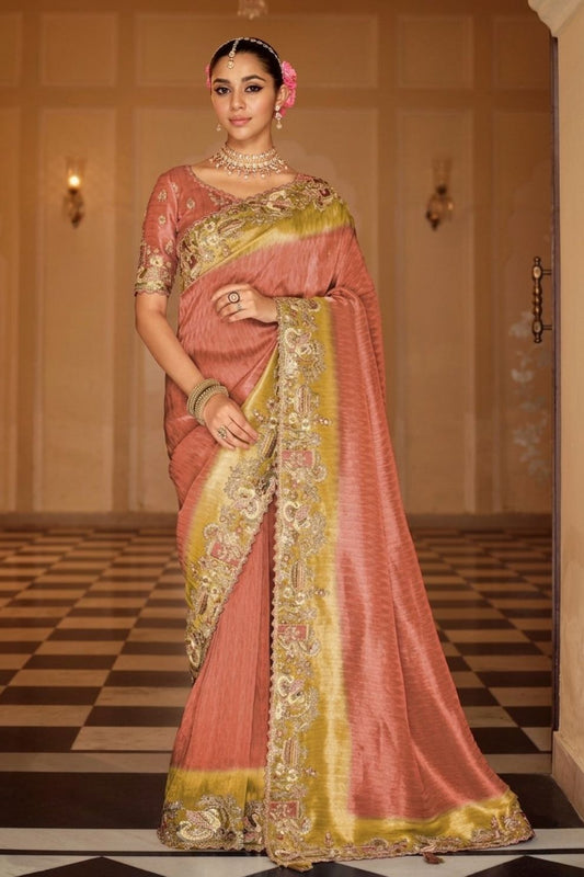 Peach Gold Designer Soft Silk Saree Elegant Festive Wedding Party Wear