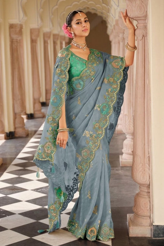 Grey Blue Designer Soft Silk Saree Elegant Festive Wedding Party Wear