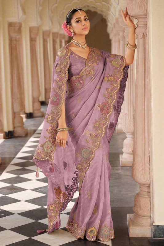 Lavender Mauve Designer Soft Silk Saree Elegant Festive Party Wear Look
