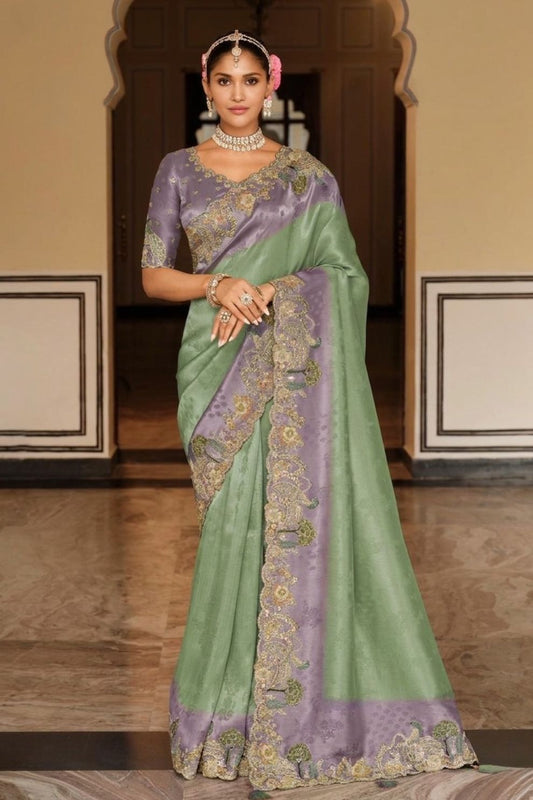 Sage Green Mauve Designer Soft Silk Saree Elegant Festive Party Wear