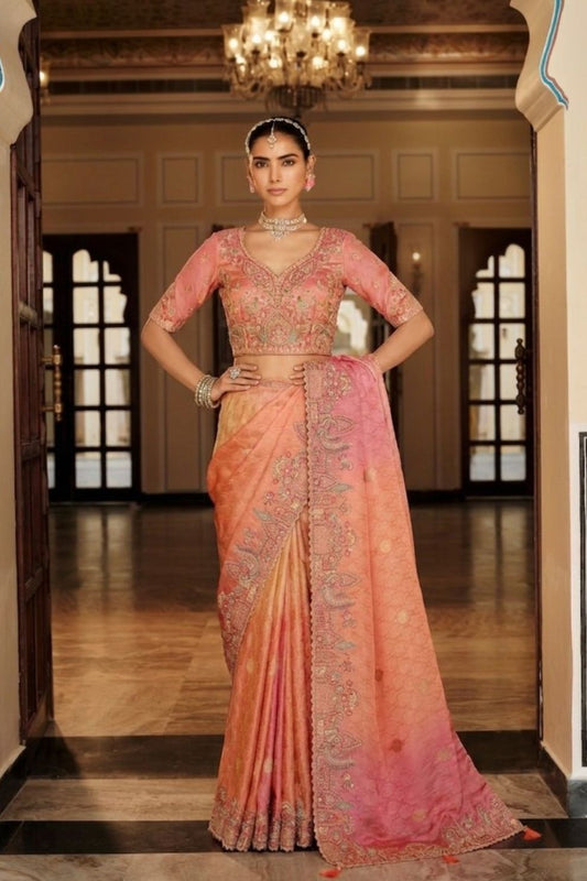 Peach Pink Coral Shaded Silk Blend Saree Elegant Festive Party Wear