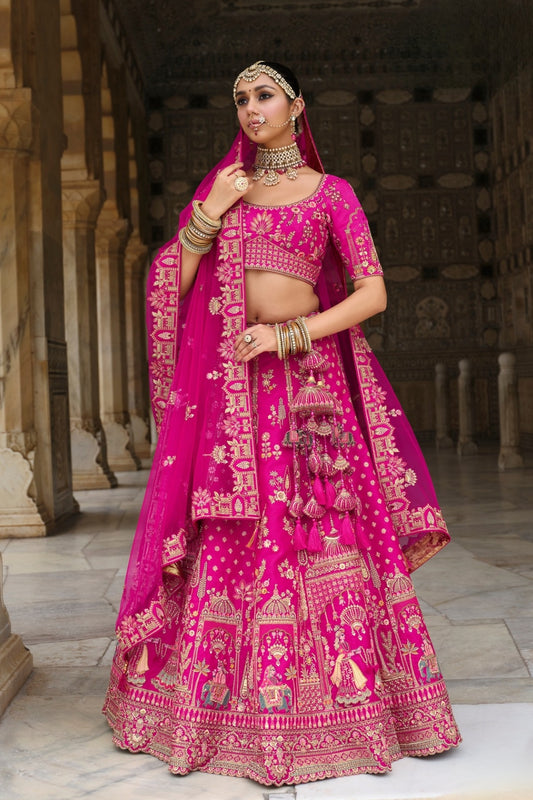 Rani Pink Kalidar Silk Lehenga with Royal Wedding Motifs