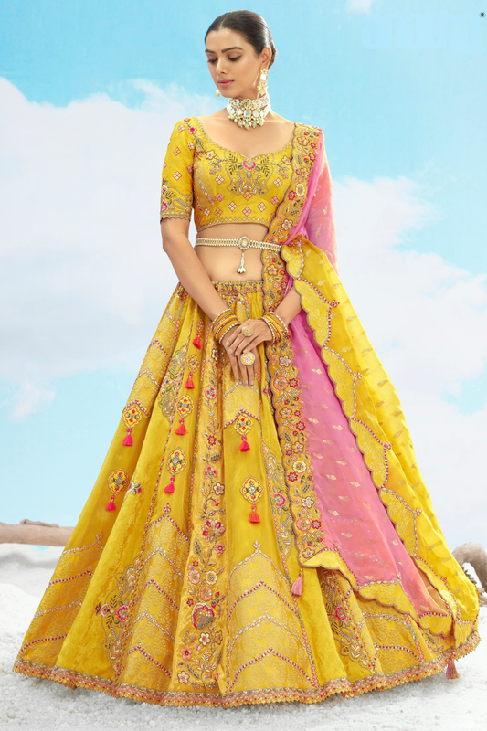 Sunset Orange Yellow Embroidered Designer Silk Lehenga