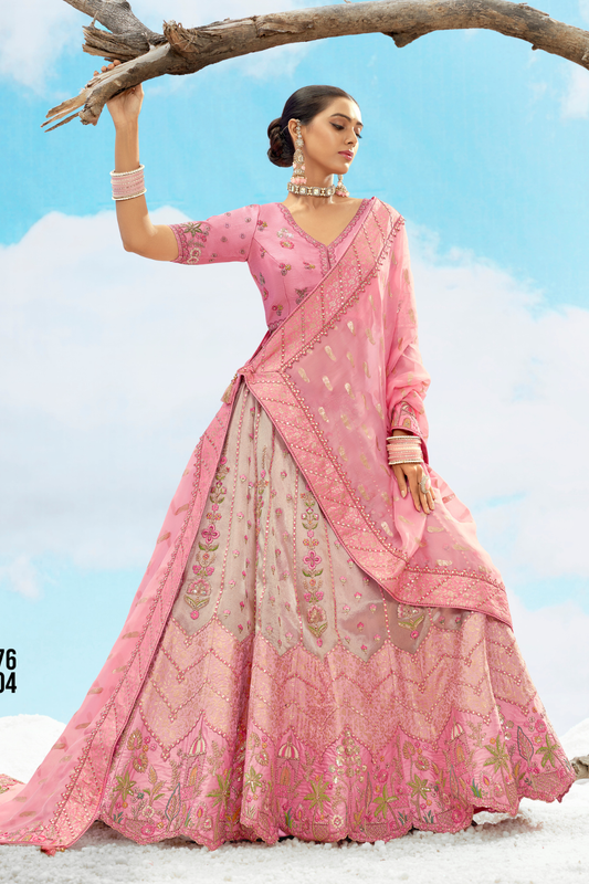 Soft Pink Gold Embroidery Designer Silk Lehenga Choli