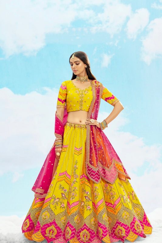 Yellow Pink Silk Bridal Lehenga with Cut Work Mirror Embroidery