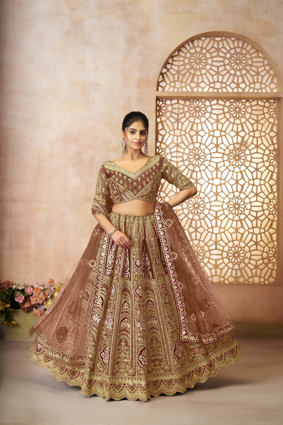 Elegant Wedding Lehenga with Floral Aari Embroidery & Banarasi Accents
