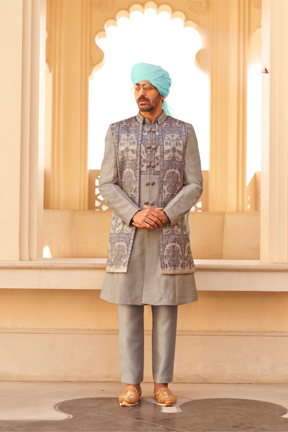 Grey Anarkali Dress and Navy Blue Printed Kurta Set for Couple - LaVante Fashion