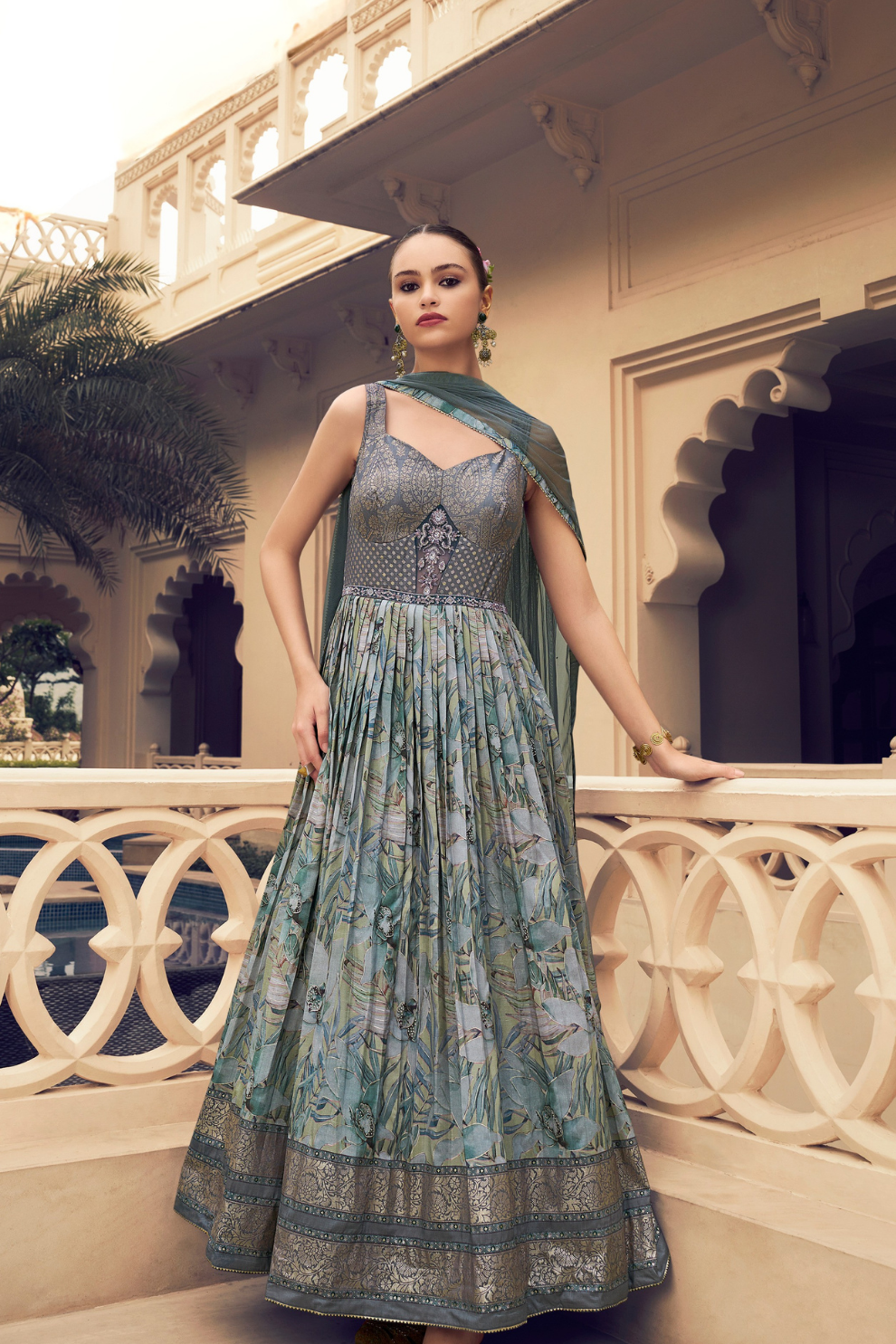 Ethnic Mint Green Printed Skirt & Kurta Jacket Set for Couple - LaVante Fashion