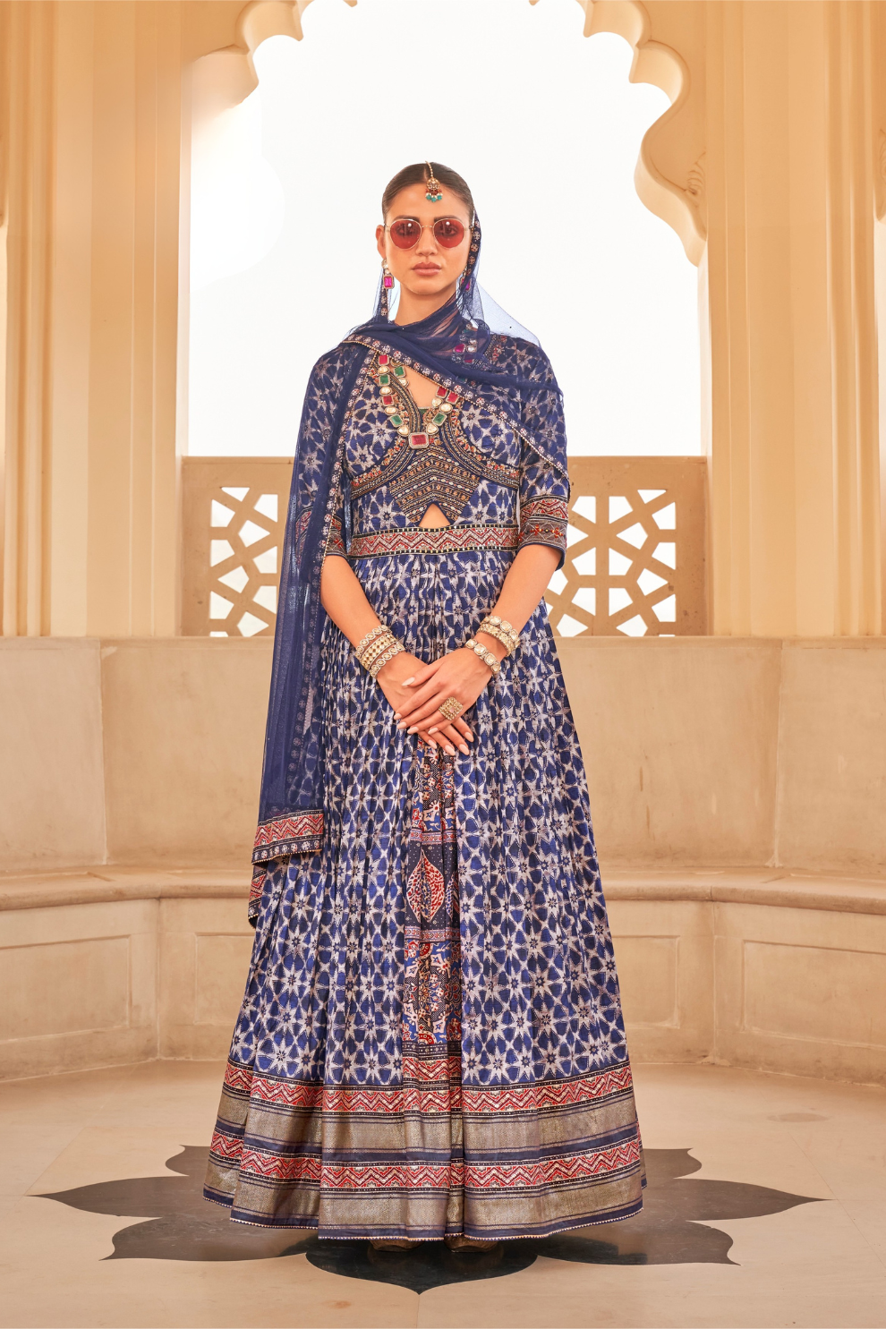 Blue Anarkali Dress and Navy Blue Printed Kurta Set for Couple - LaVante Fashion