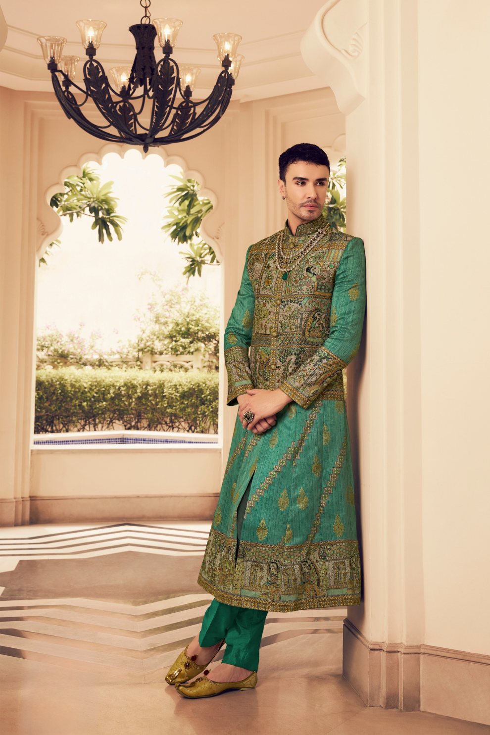 Ethnic Green Printed Skirt & Kurta Jacket Set for Couple - LaVante Fashion