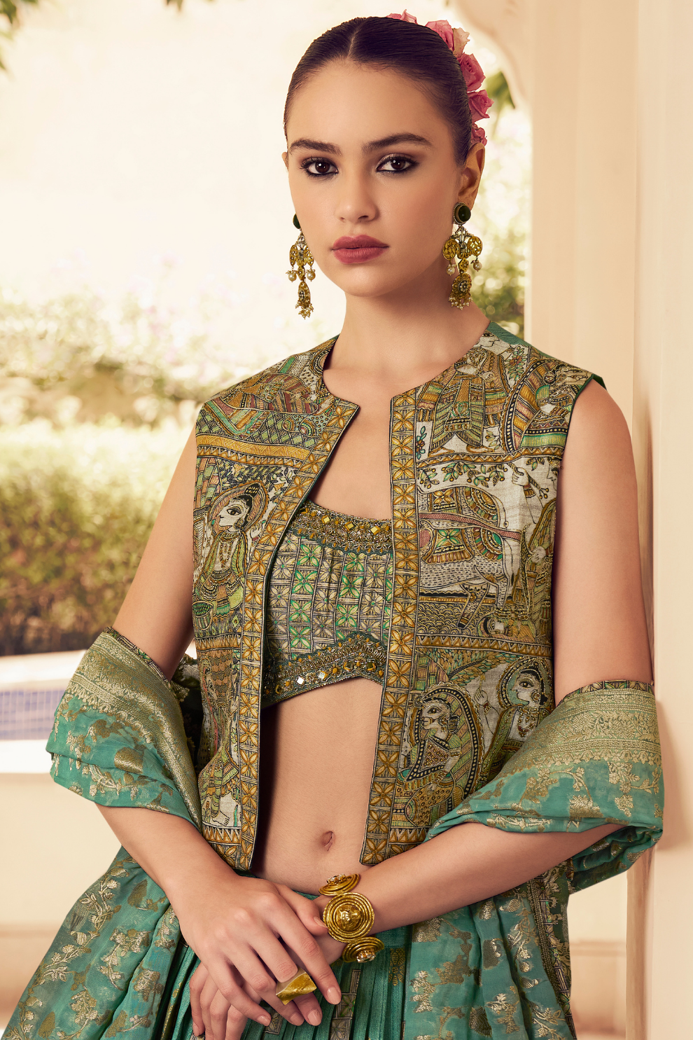 Ethnic Green Printed Skirt & Kurta Jacket Set for Couple - LaVante Fashion