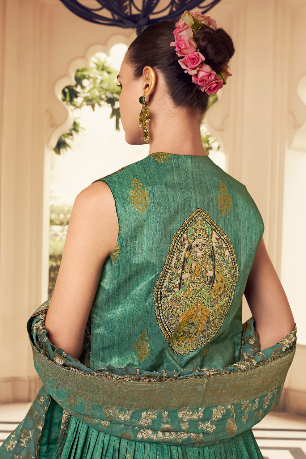 Ethnic Green Printed Skirt & Kurta Jacket Set for Couple - LaVante Fashion