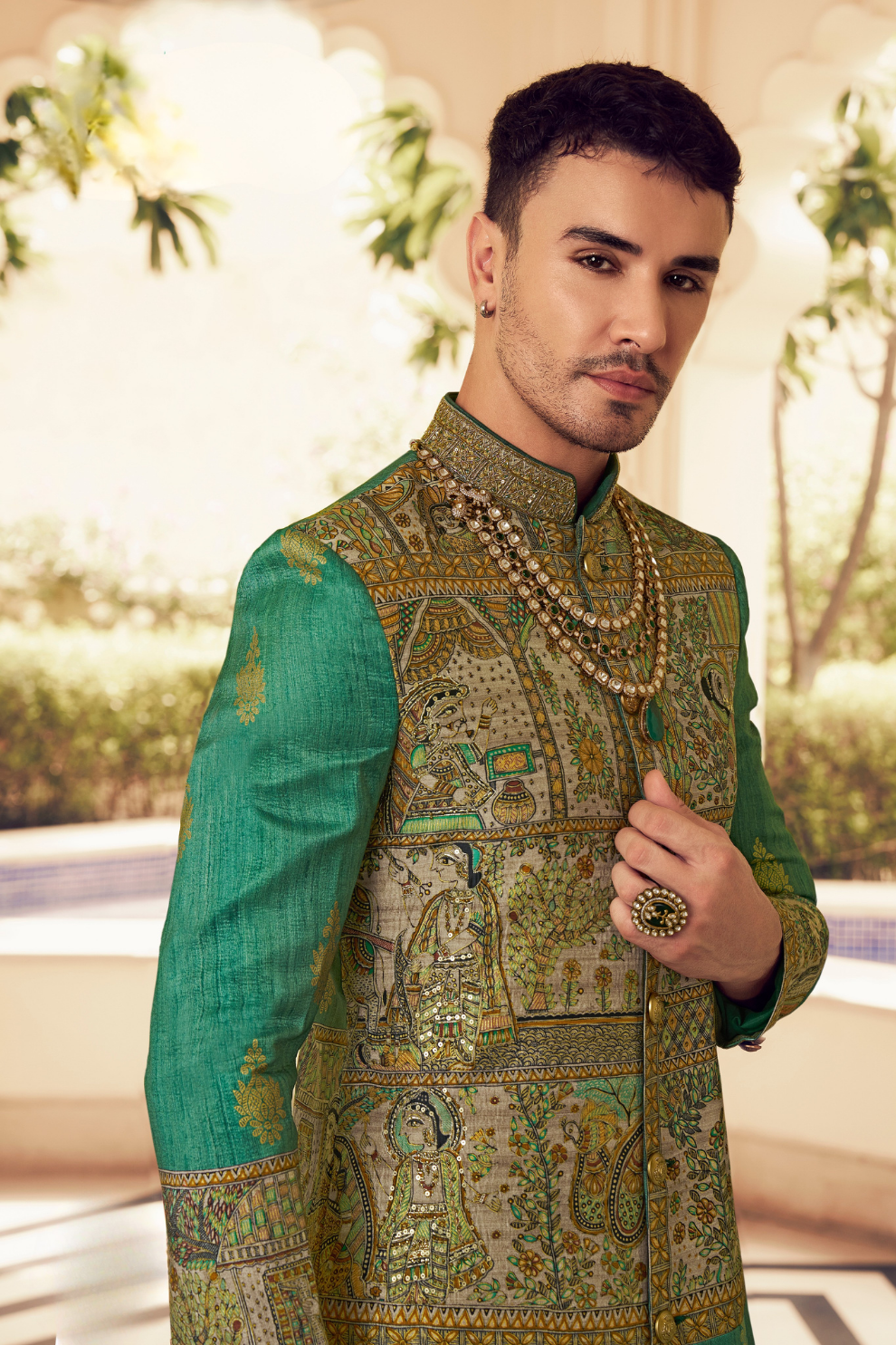 Ethnic Green Printed Skirt & Kurta Jacket Set for Couple - LaVante Fashion