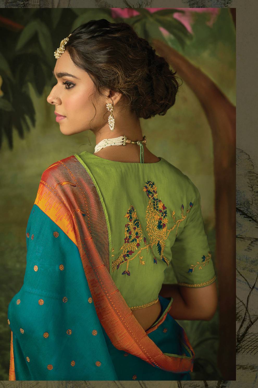 Teal Elegance Brasso Saree with Intricate Thread & Zari Work