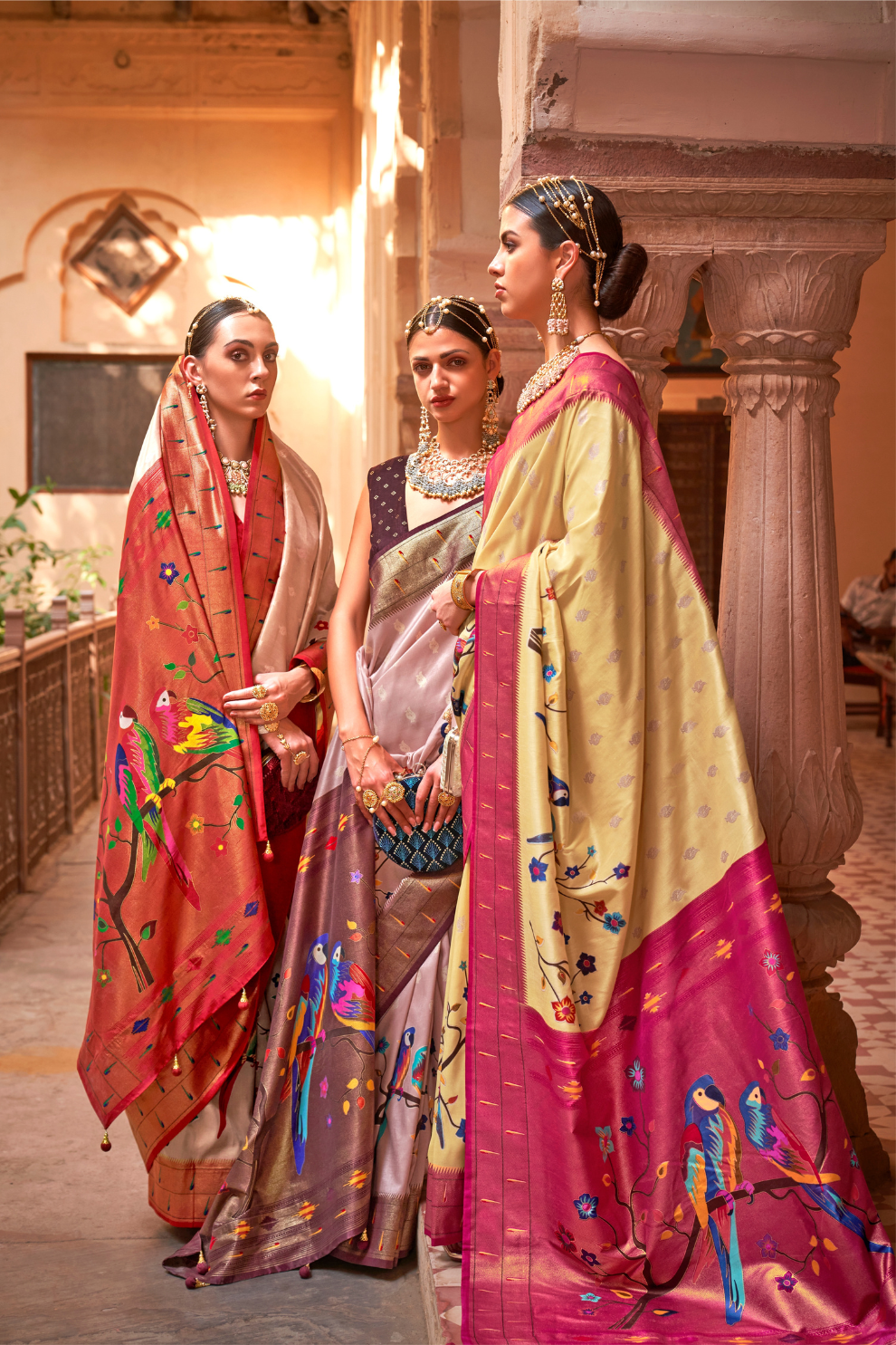 Banarasi Silk Blend Saree Featuring Grey Peacock Design