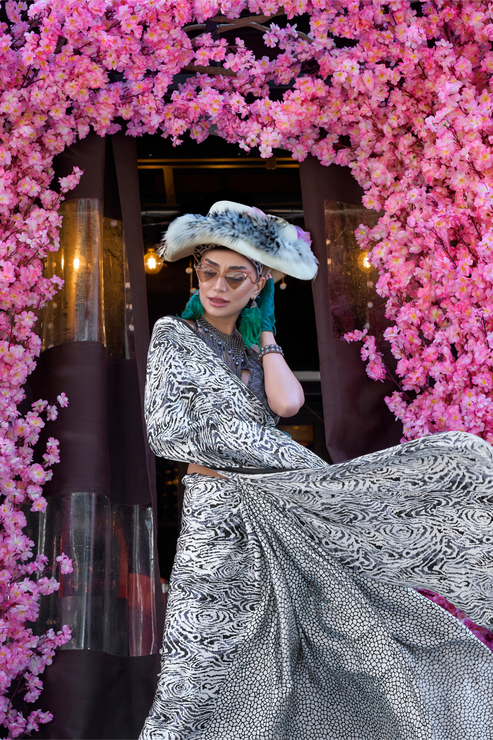 Contemporary Print Satin Crepe Saree with Chic Glossy Drape