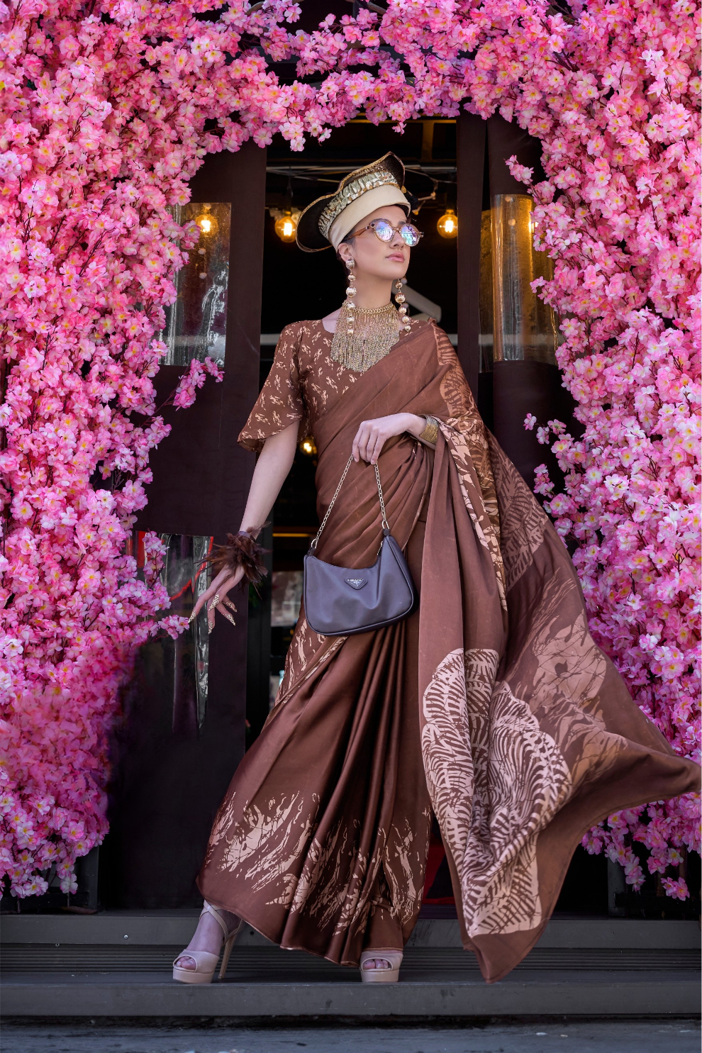 Contemporary Print Satin Crepe Saree with Chic Glossy Drape