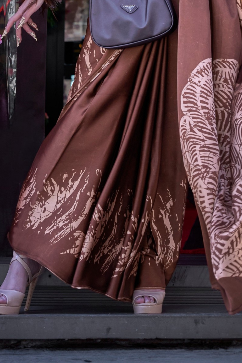 Contemporary Print Satin Crepe Saree with Chic Glossy Drape