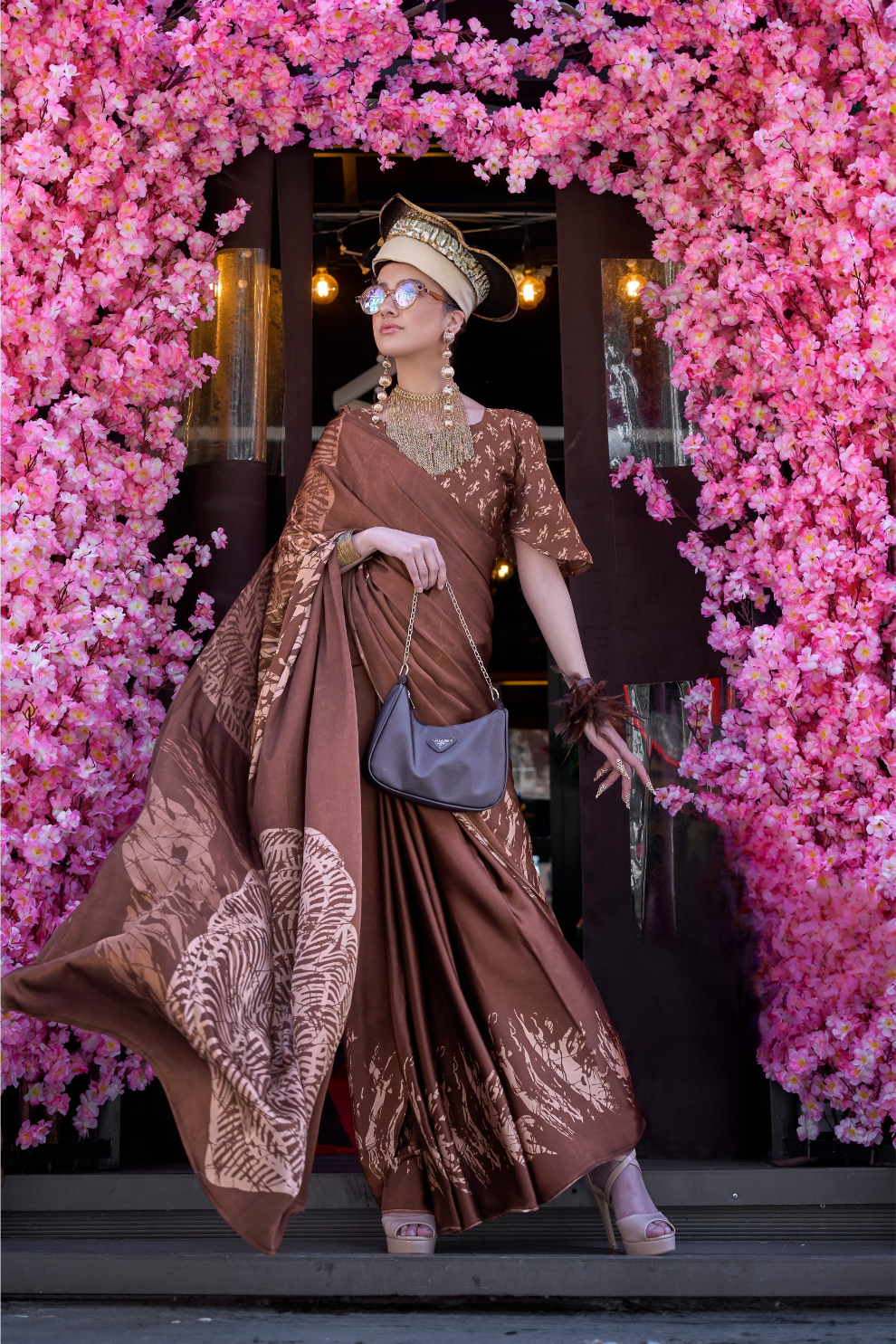 Contemporary Print Satin Crepe Saree with Chic Glossy Drape