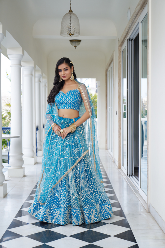 Designer Thread Sequin Embroidered Net Lehenga for Festive Wear