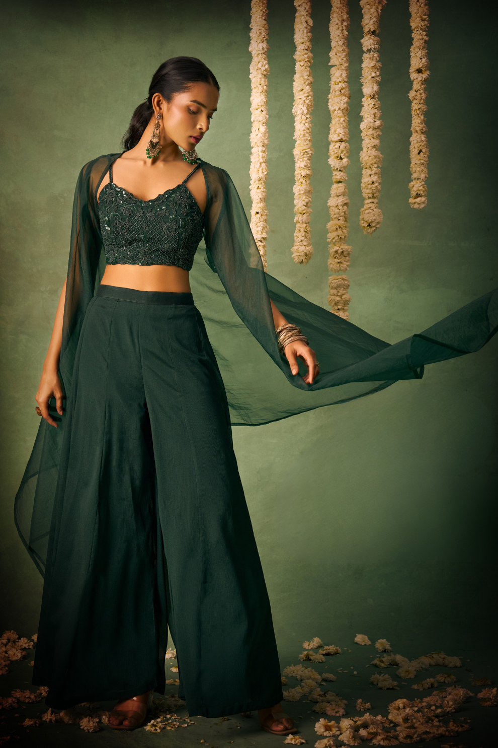 Green Sharara Ensemble with Khatli Embroidered Blouse