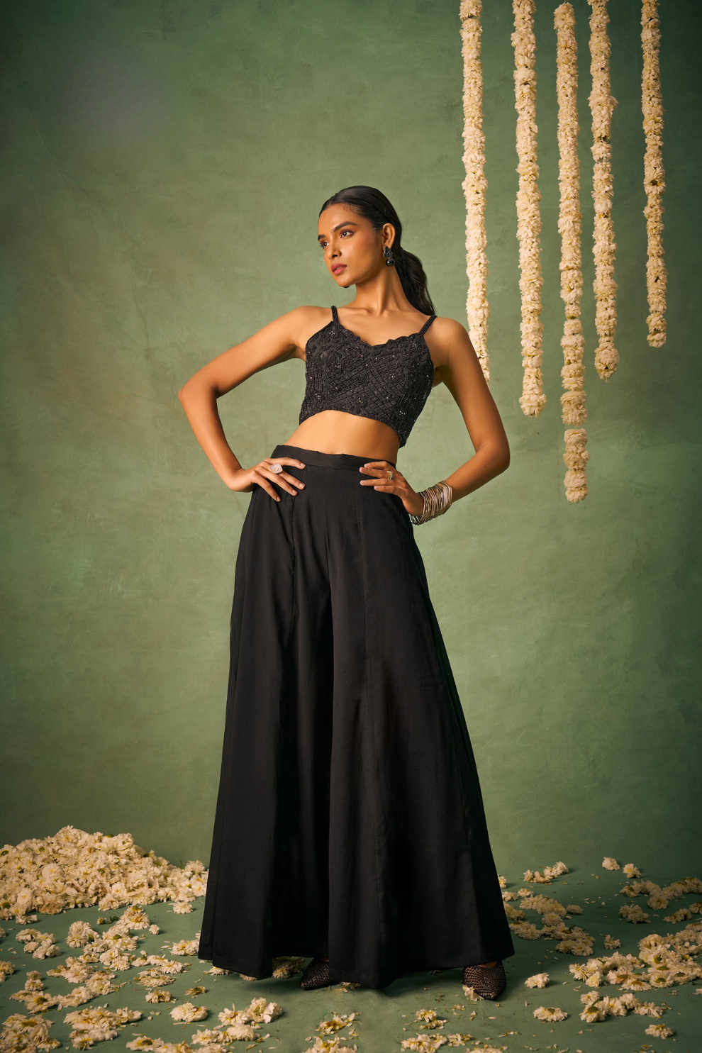 Glamorous Chiffon Sharara Black Choli with Sparkle Work