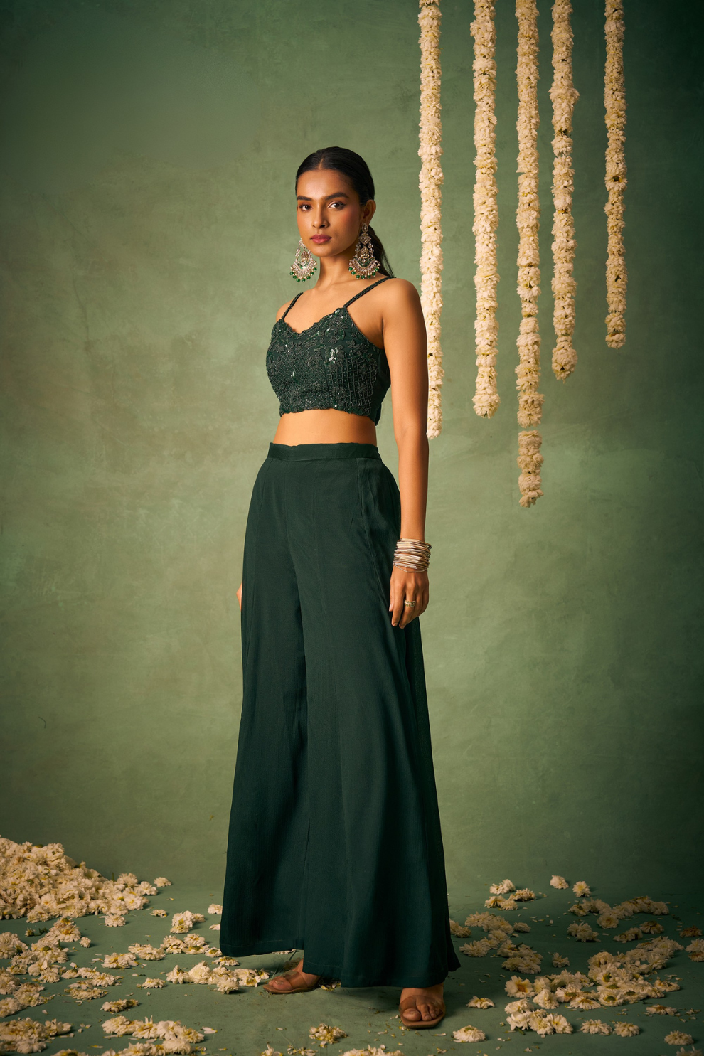 Green Sharara Ensemble with Khatli Embroidered Blouse