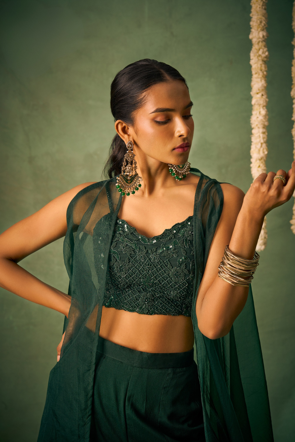 Green Sharara Ensemble with Khatli Embroidered Blouse