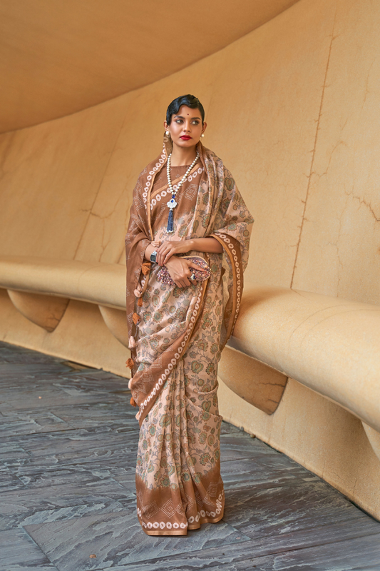 Printed Silk Blend Saree with Artistic Traditional Motifs