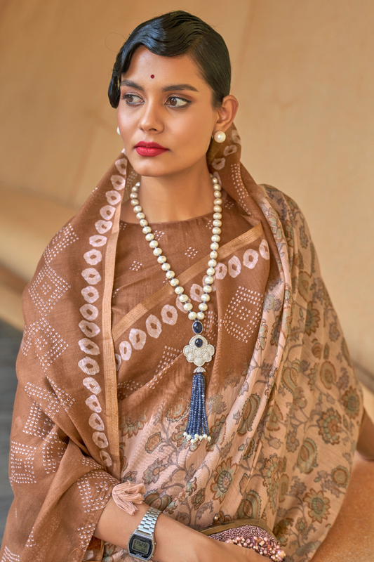 Printed Silk Blend Saree with Artistic Traditional Motifs