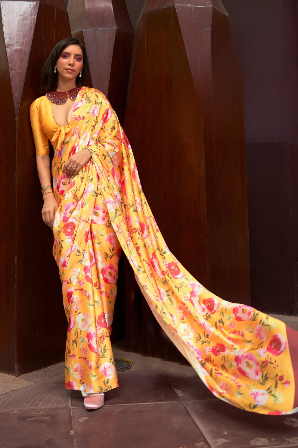 Digital Printed Satin Creep Saree with Smooth Silken Drape