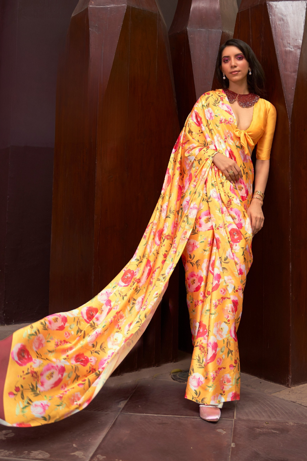 Digital Printed Satin Creep Saree with Smooth Silken Drape