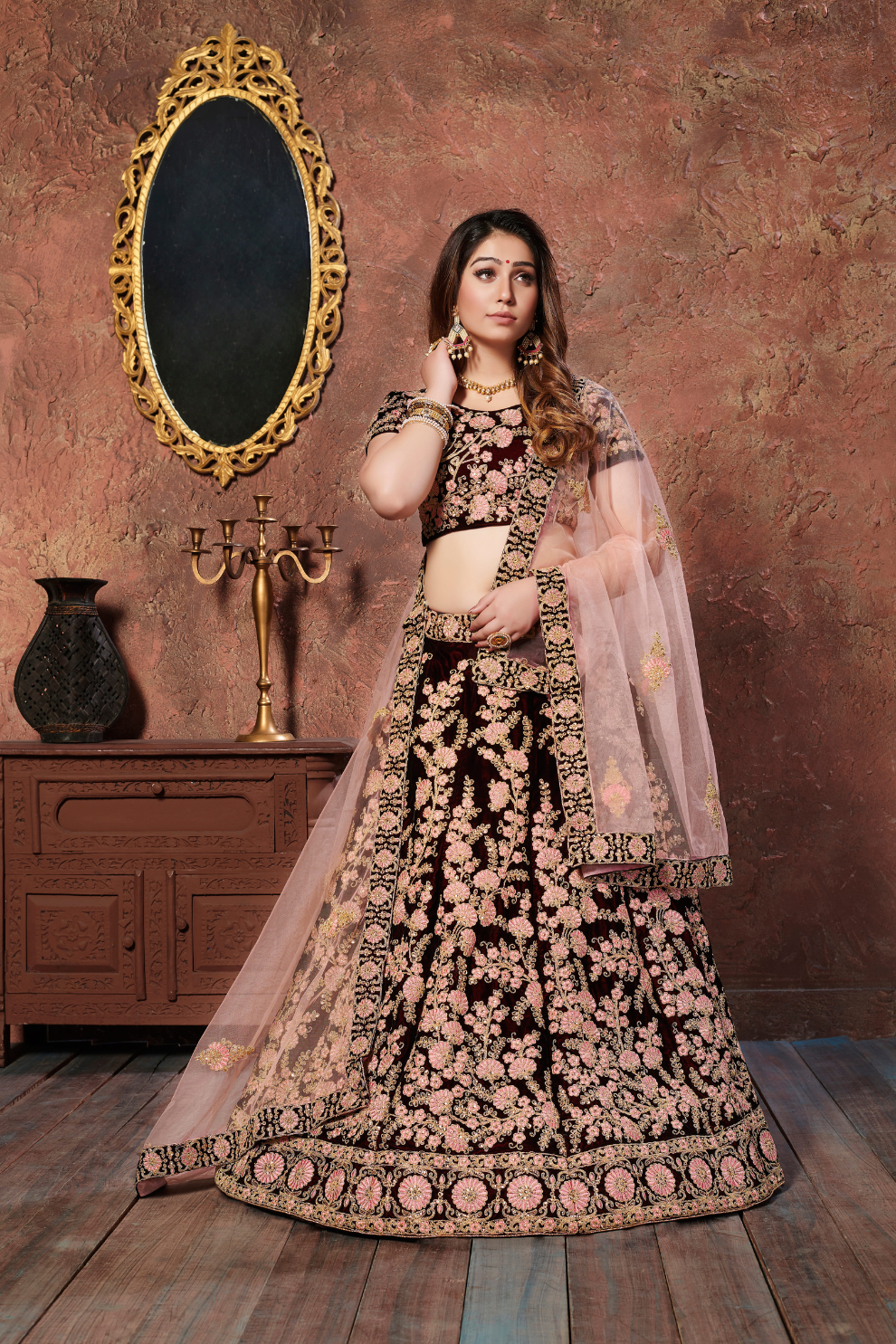 Elegant Maroon Embroidered Velvet Lehenga Choli and Dupatta