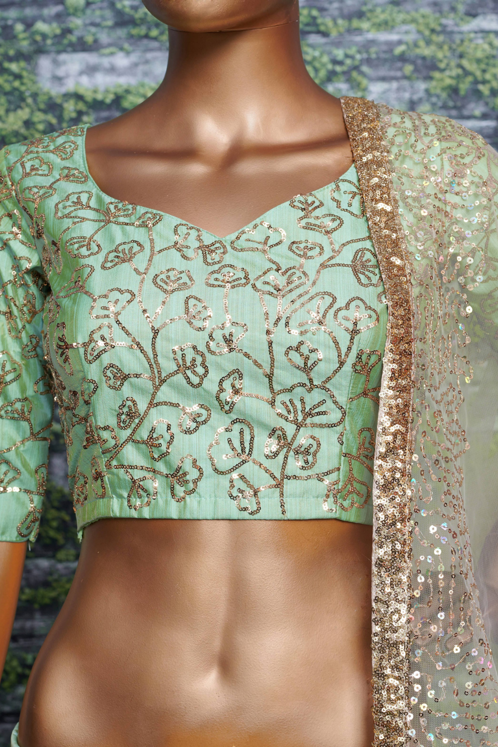 Pista Green Sequins Embellished Art Silk Lehenga Choli
