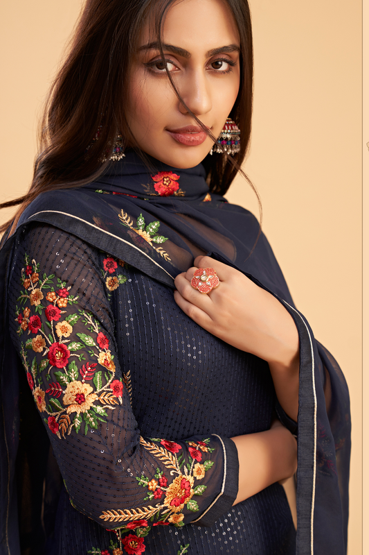 Designer Blue Embroidered Pant Suit in Flowing Georgette