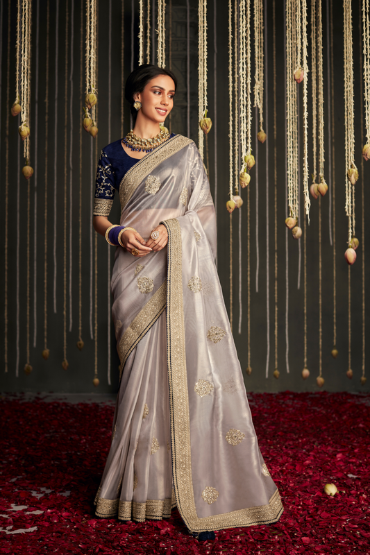 Elegance Embroidered Organza Silk Ensemble with Delicate Detailing
