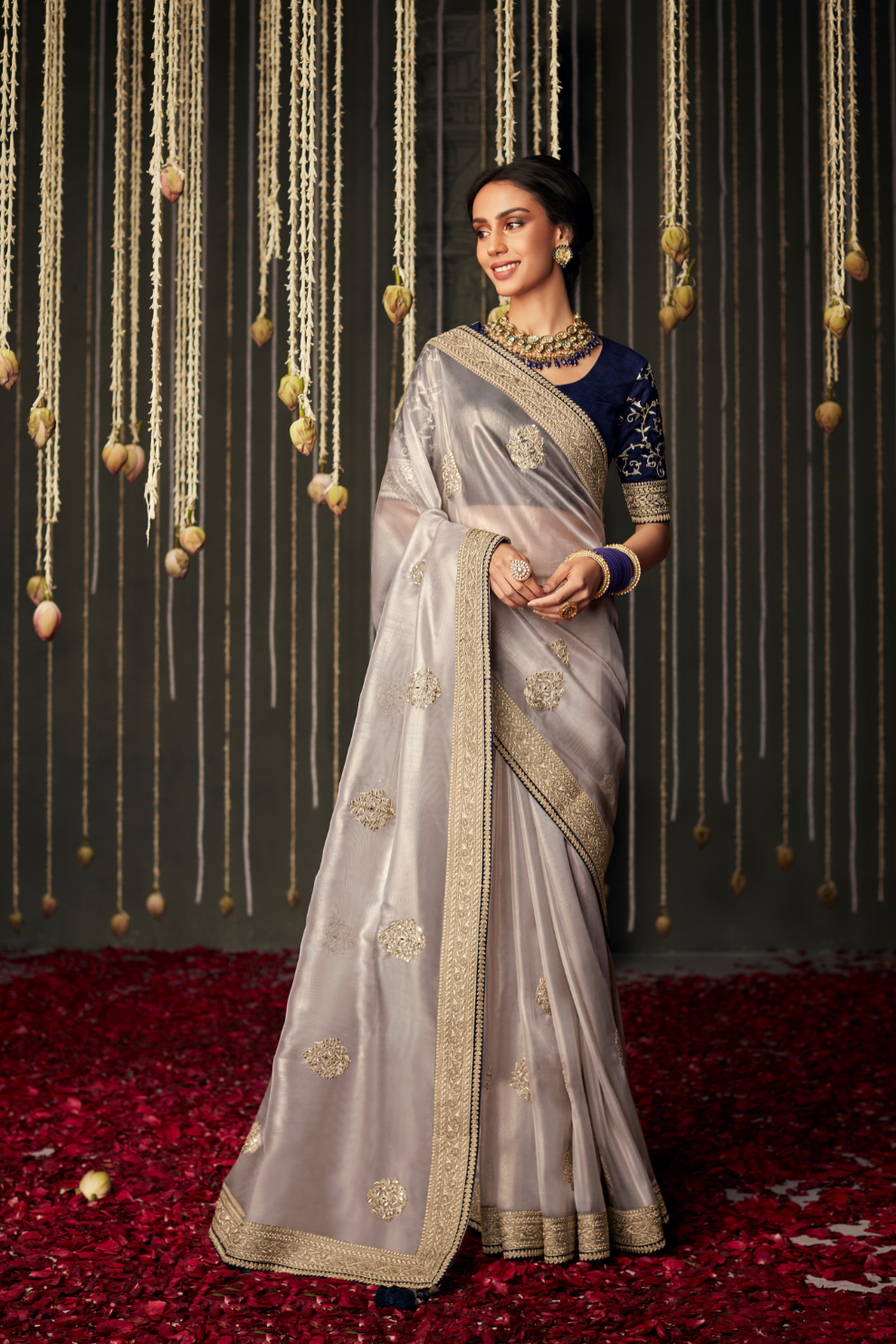 Elegance Embroidered Organza Silk Ensemble with Delicate Detailing