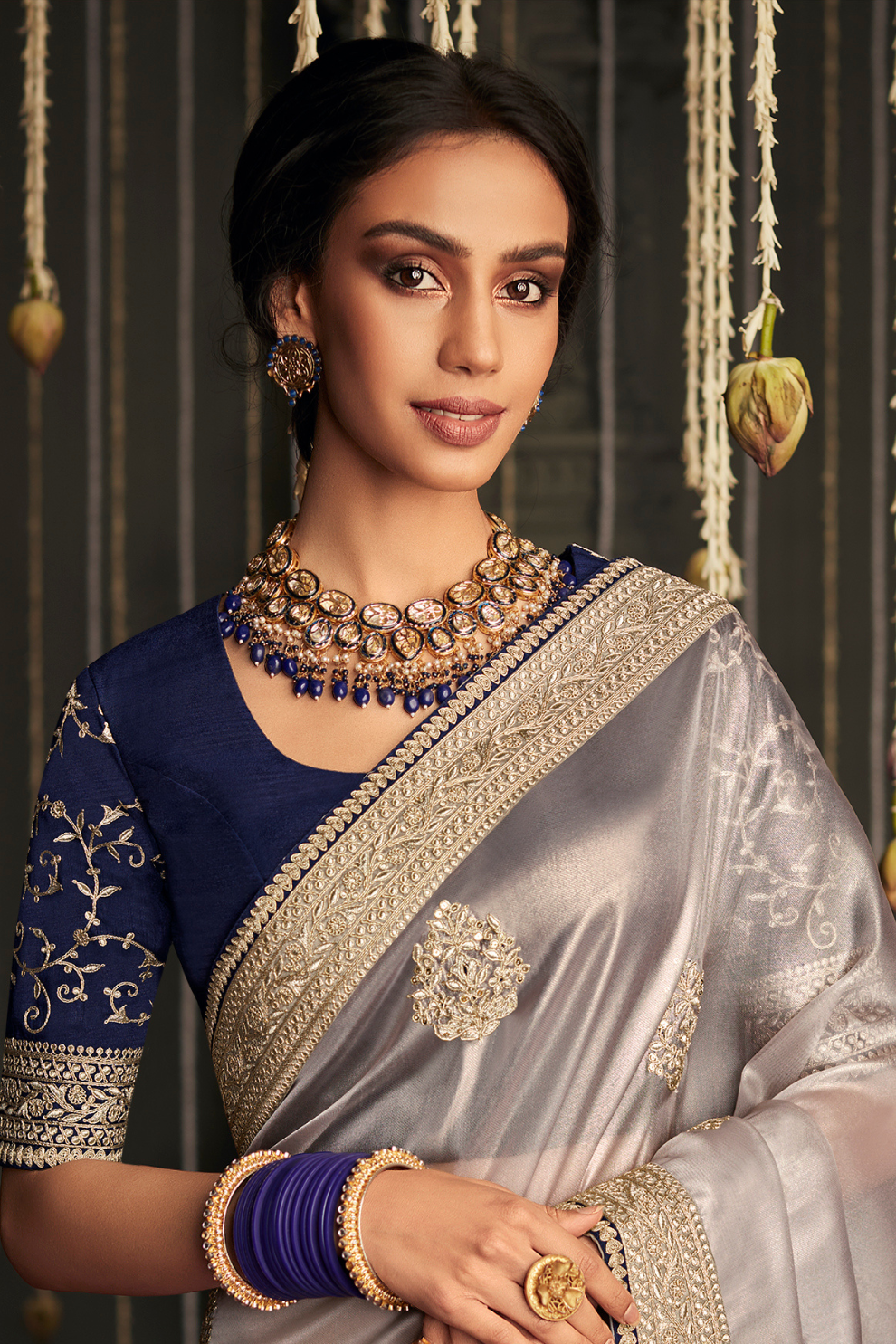 Elegance Embroidered Organza Silk Ensemble with Delicate Detailing