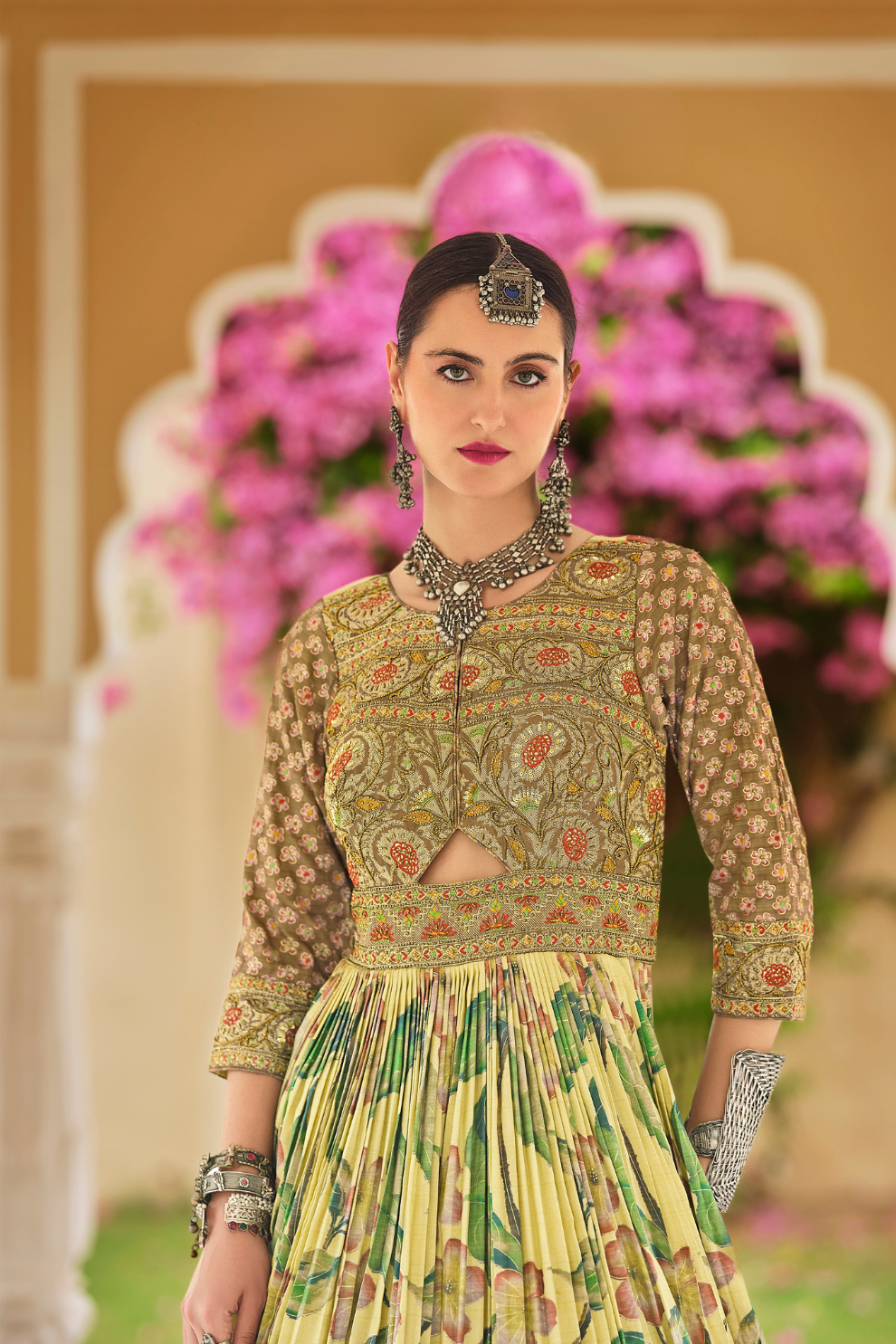 Festive Yellow Floral Anarkali In Luxe Silk With Coordinated Dupatta